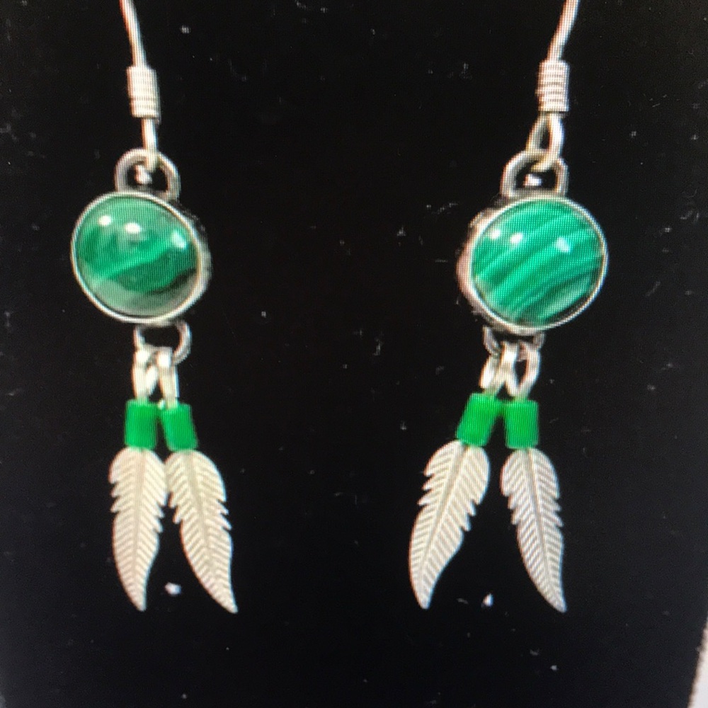 Green and Silver Feather Earrings